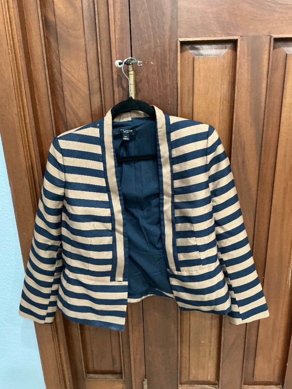Ann Taylor: Black & Tan Horizontal Stripe Open-Front Blazer Jacket